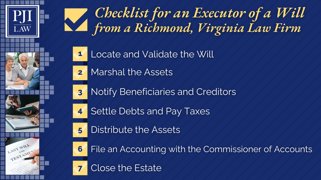 Checklist for an Executor of a Will from a Richmond, Virginia Law Firm